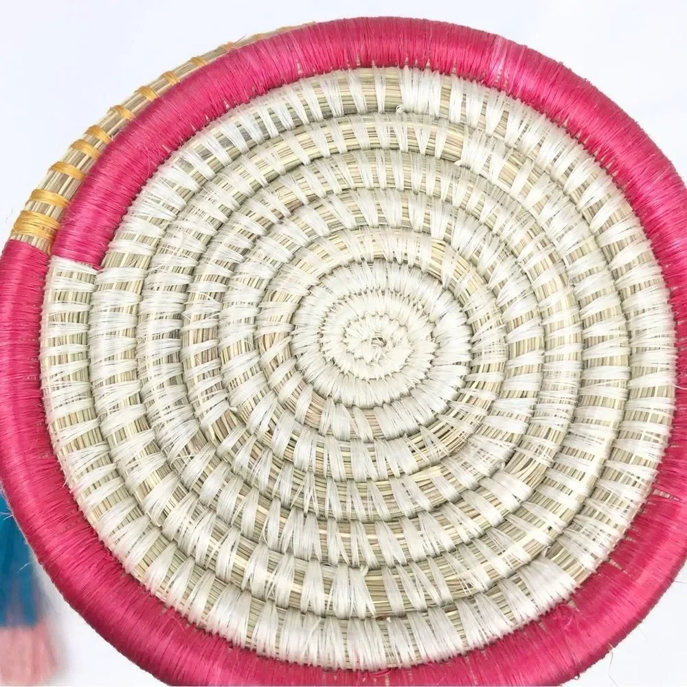All Across Africa Handmade Colorful Woven Coil 11” Lidded Tassel Basket Canister